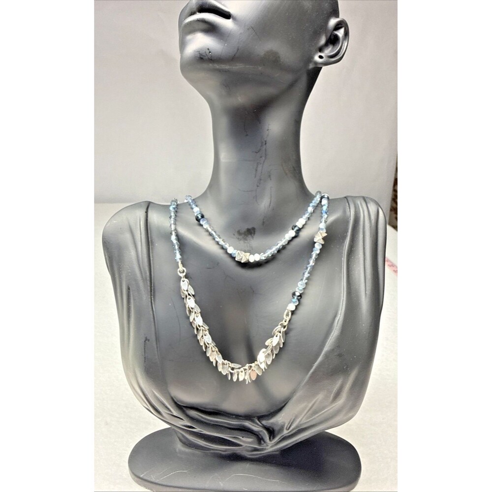 Karma Bella Layered Blue Beaded Necklace Silver Tone Leaf Fashion Jewelry
